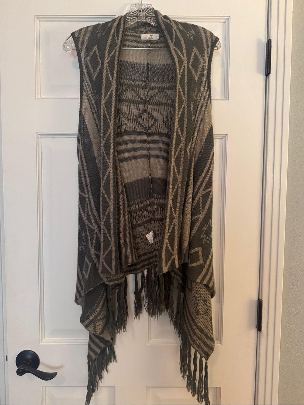Jack by BB Dakota Olive & Beige Open-Front Fringe Poncho Vest